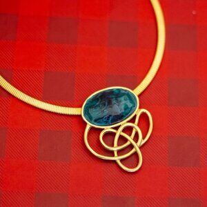 18 inch, Vintage Spiral Round Oval Blue Gem Gold Tone Necklace by Mjent - O36